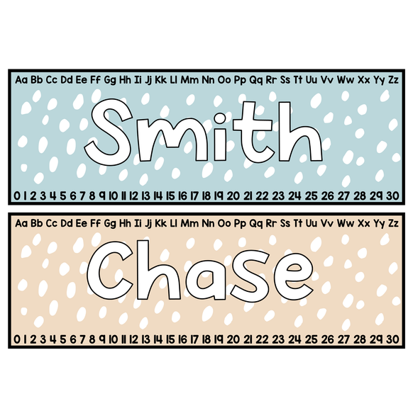 Printable Boho Neutral Spotty Student Desk Plates, Classroom Labels, Posters