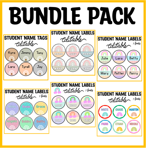 Printable Boho Bright Name Labels, Round Student Nametags Bundle Pack