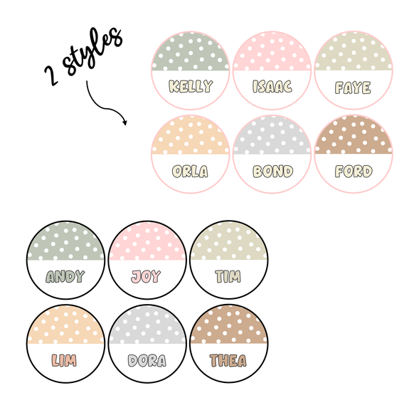 Round Boho Polka Dot Student Name Labels, Boho Letters Bundle Pack