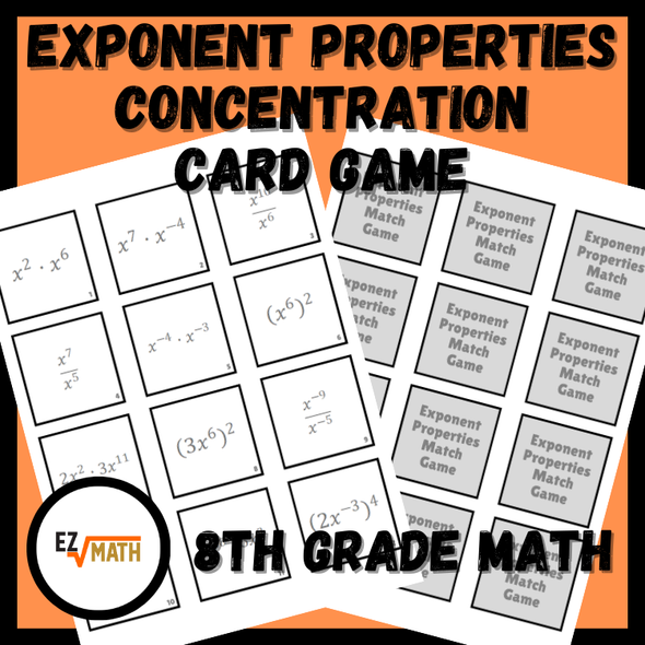 Exponent Properties Concentration Card Match Game | 8th Grade Math Activity