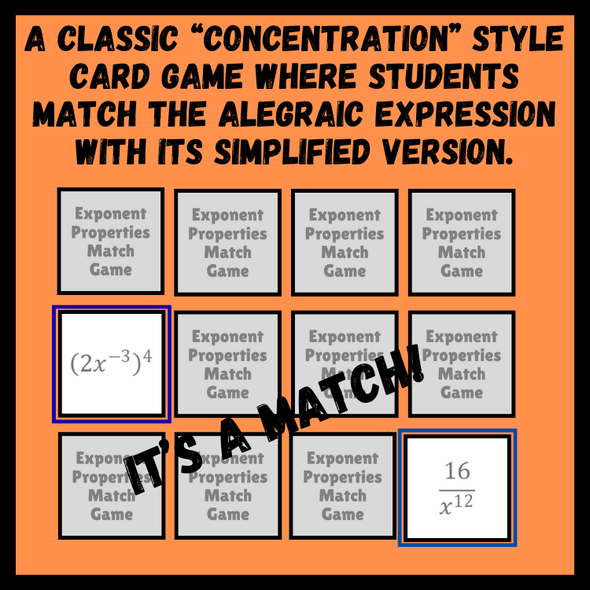 Exponent Properties Concentration Card Match Game | 8th Grade Math Activity