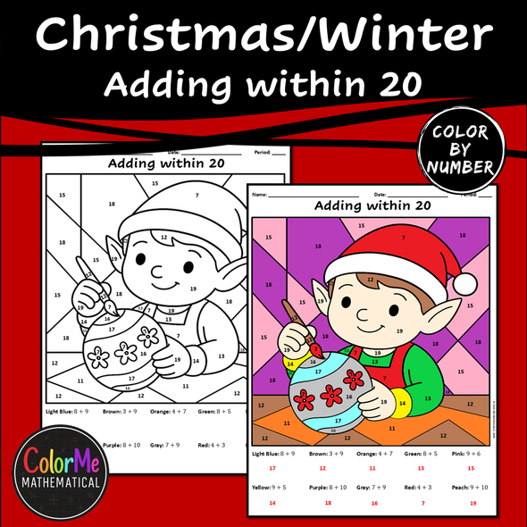 Christmas Math Color by Number – Adding Within 20 | 1st Grade Worksheet