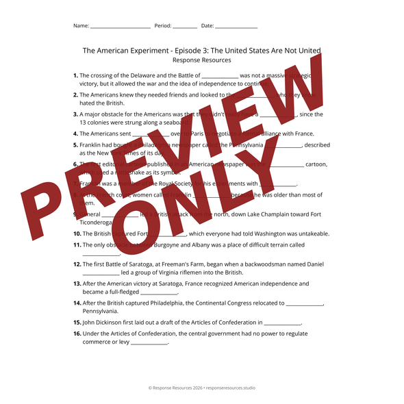 American Experiment Ep 3: United States Not United - Worksheet & Key