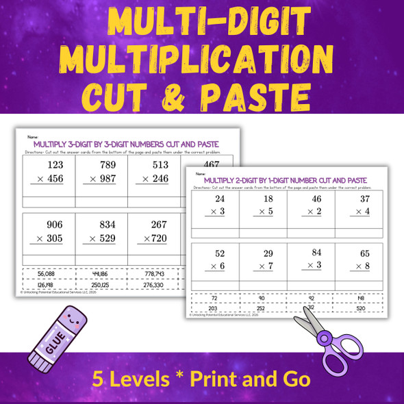 Leveled Multi-Digit Multiplication Cut and Paste Activities | 3rd 4th 5th Grade