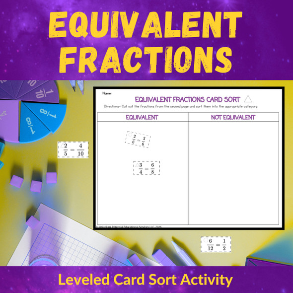 Leveled Equivalent Fractions Card Sort Activity for 4th Grade and 5th Grade Math