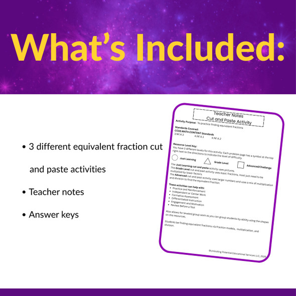 Differentiated Equivalent Fraction Cut and Paste Activity for Grades 3 and 4