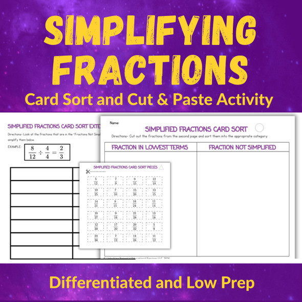 Simplifying Fractions Cut and Paste & Card Sorting Activity | Grades 4 and 5