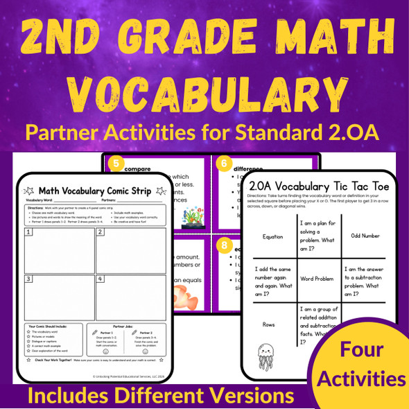 Grade 2 Math Vocabulary Partner Activities | 2.OA Math Centers & Games