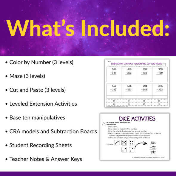 Multi-Digit Subtraction without Regrouping Leveled Activities - Grades 2 and 3