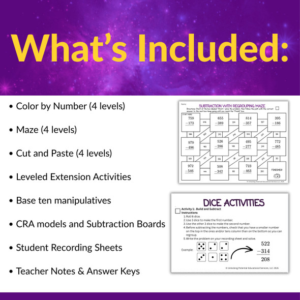 Multi-Digit Subtraction with Regrouping Leveled Activities - Grades 2 and 3