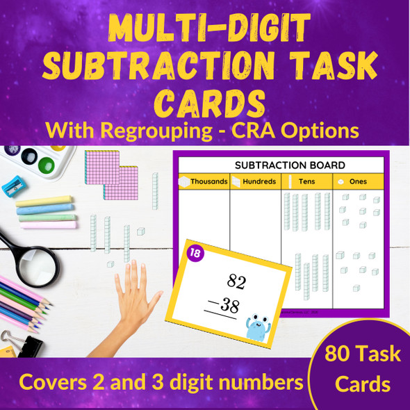 Multi-Digit Regrouping Subtraction Task Cards - 2nd and 3rd Grade - CRA Friendly