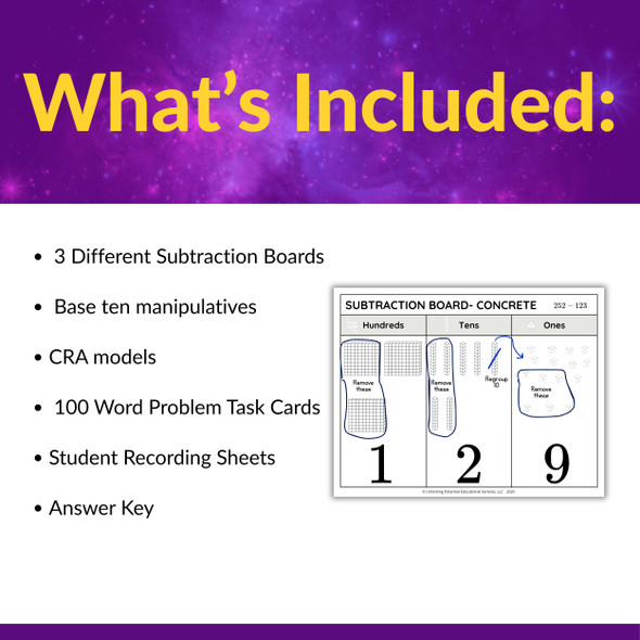 Subtraction Word Problem Task Cards for 2nd & 3rd Grade, Regrouping & CRA