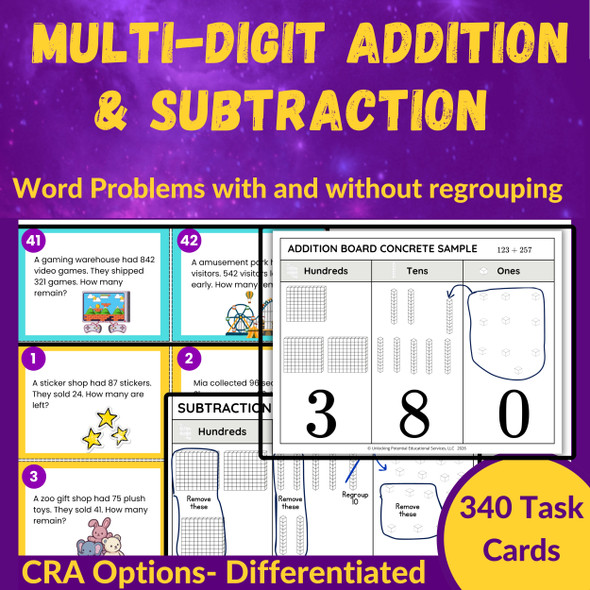 2nd & 3rd Grade Multi-Digit Addition and Subtraction Task Card Bundle | CRA