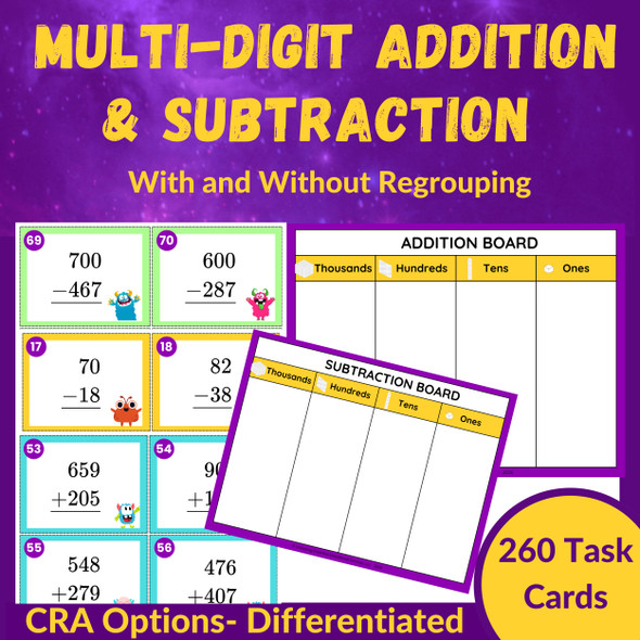 Multi-Digit Addition & Subtraction Task Cards Bundle 2nd, 3rd Grade | CRA