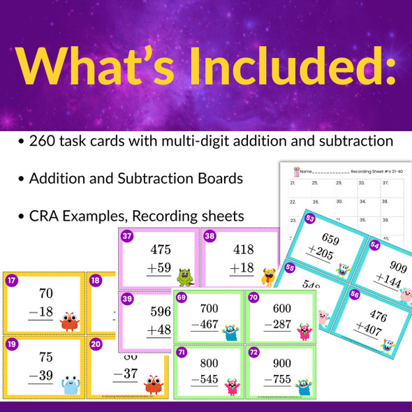 Multi-Digit Addition & Subtraction Task Cards Bundle 2nd, 3rd Grade | CRA