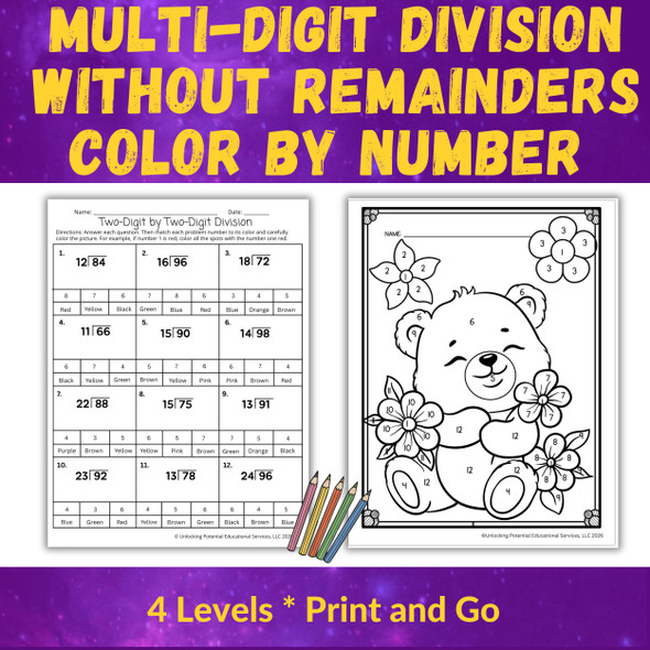 Long Division without Remainders Color by Number | 4th- 5th Grade Math Activities