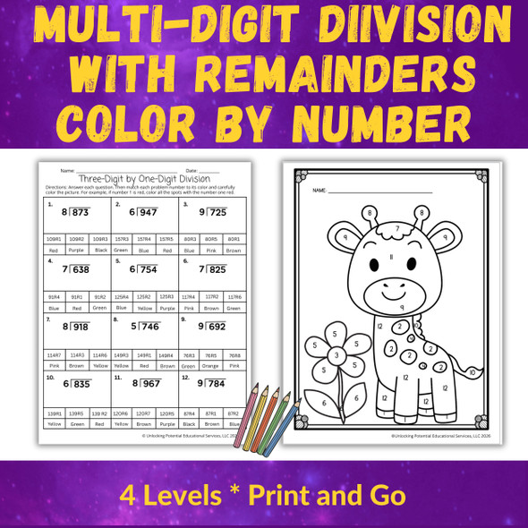 Long Division with Remainders Color by Number | 4th- 5th Grade Math Activities