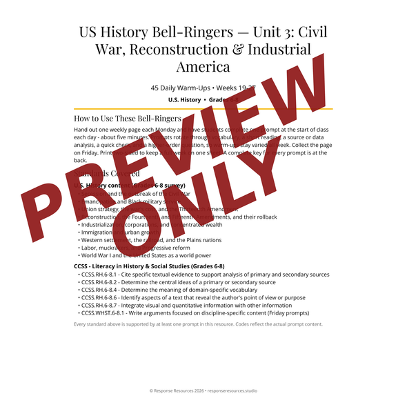 US History Bell Ringers Unit 3 - 45 Daily Warm-Ups (Grades 6-8)