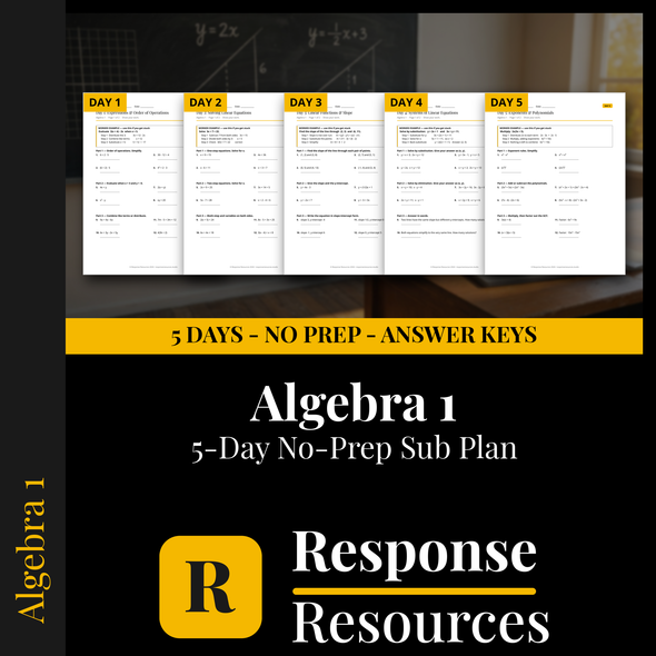 Algebra 1 Emergency Sub Plans - 5 Days No Prep Self-Checking Worksheets