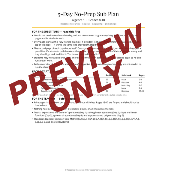 Algebra 1 Emergency Sub Plans - 5 Days No Prep Self-Checking Worksheets