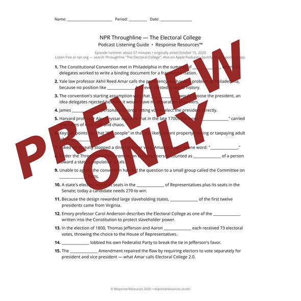 Electoral College Podcast Listening Guide | NPR Throughline | Sub Plan