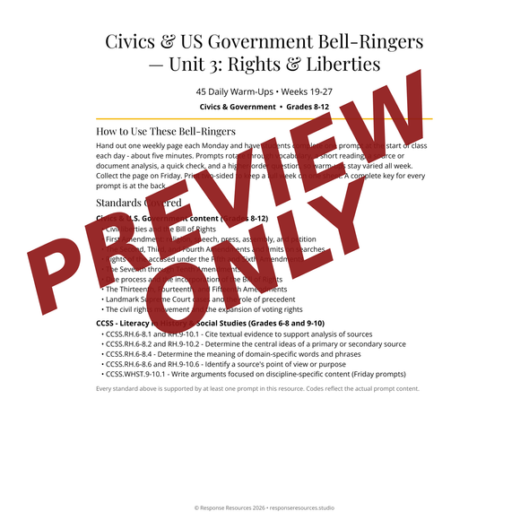 Civics & US Government Bell Ringers Unit 3 - 45 Daily Warm-Ups (Grades 8-12)