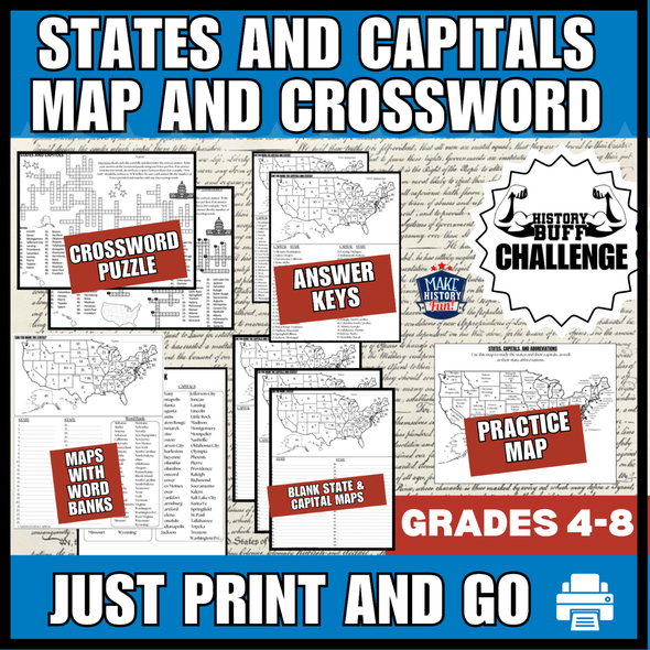 U.S. States & Capitals Map Quiz + Crossword Puzzle | Geography Review Worksheets