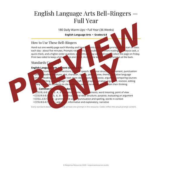 English Language Arts Bell Ringers FULL YEAR - 180 Warm-Ups (Grades 6-8)