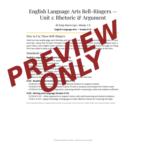 English Language Arts Bell Ringers Unit 1 - 45 Warm-Ups (Grades 9-12)