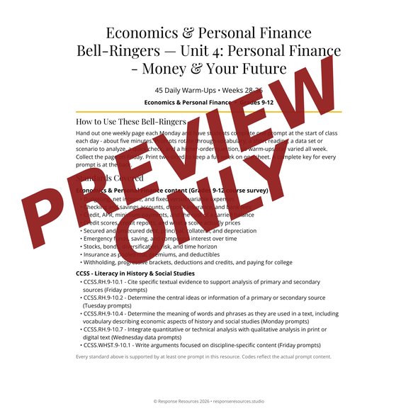 Economics & Personal Finance Bell Ringers Unit 4 - 45 Warm-Ups (Grades 9-12)