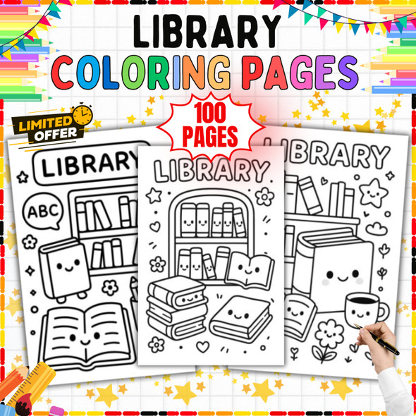 Library Coloring Pages PDF, 100 Books and Reading Sheets