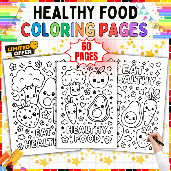 Healthy Food Coloring Pages: 60-Page Fruit and Vegetable Activity PDF
