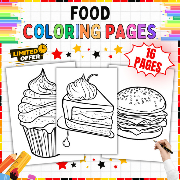 Food Coloring Pages: 16-Page Desserts, Fruit and Meal Activity