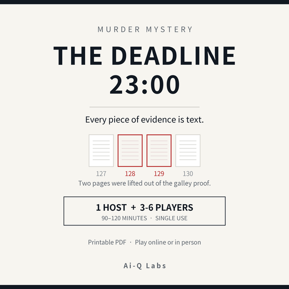 The Deadline, 23:00 | Japanese-Style Murder Mystery for 3-6 Players + Host | Printable PDF | 90-120 min