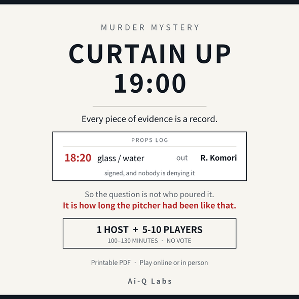 Curtain Up, 19:00 | Japanese-Style Murder Mystery for 5-10 Players + Host | Printable PDF | 100-130 min