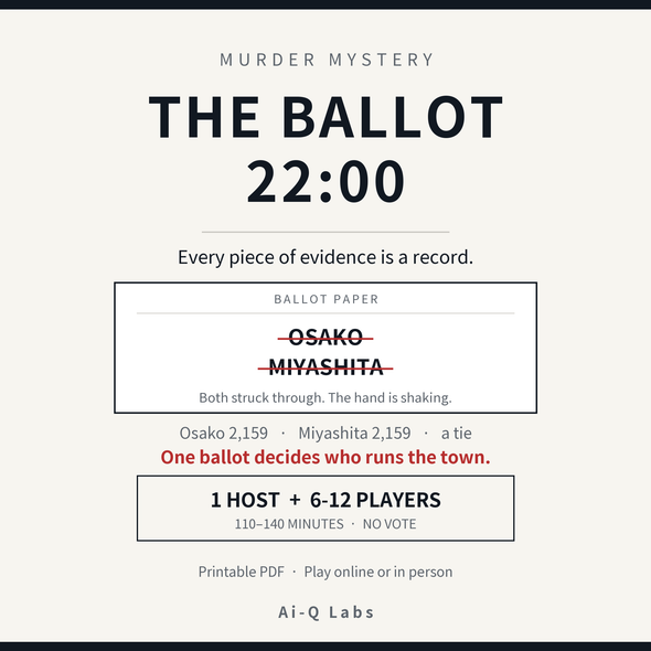 The Ballot, 22:00 | Japanese-Style Murder Mystery for 6-12 Players + Host | Printable PDF | 110-140 min