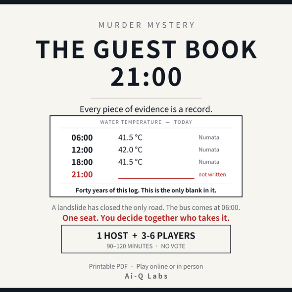 The Guest Book, 21:00 | Japanese-Style Murder Mystery for 3-6 Players + Host | Printable PDF | 90-120 min