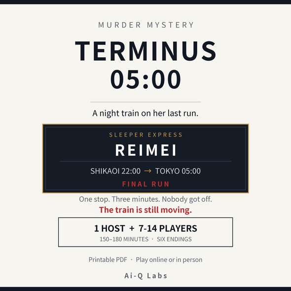 Terminus, 05:00 | Japanese-Style Murder Mystery for 7-14 Players + Host | Printable PDF | 150-180 min