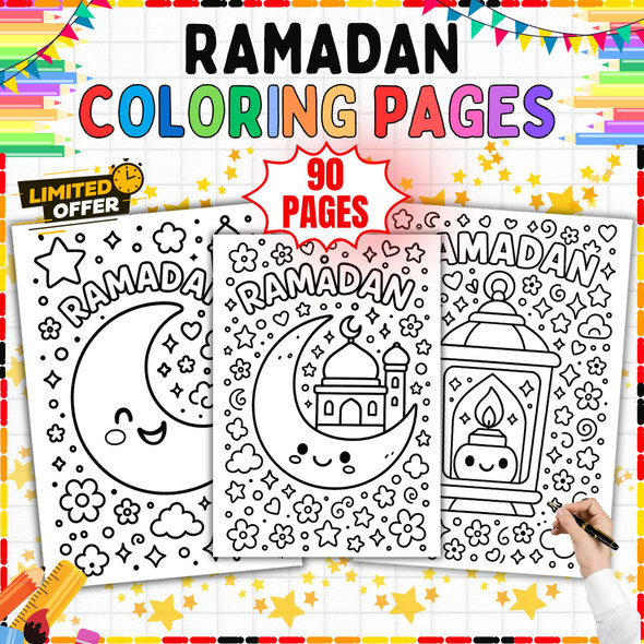 Ramadan Coloring Pages PDF: 90-Page Crescent Moon and Lantern Activity