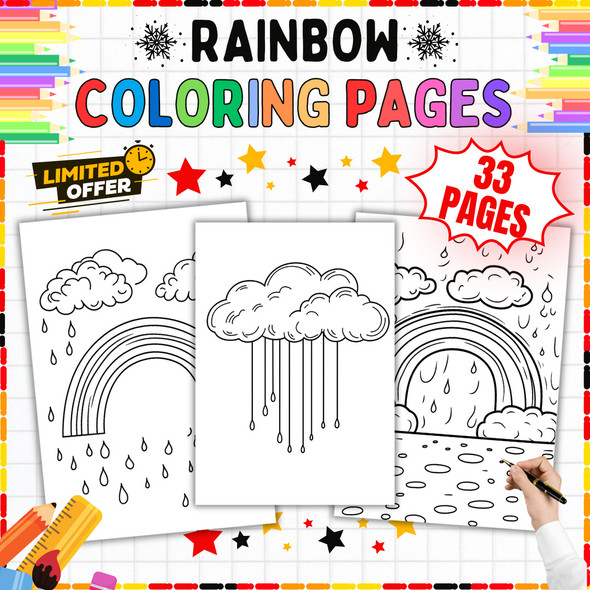 Rainbow Coloring Pages PDF, 33 Rainbow Line-Art Sheets