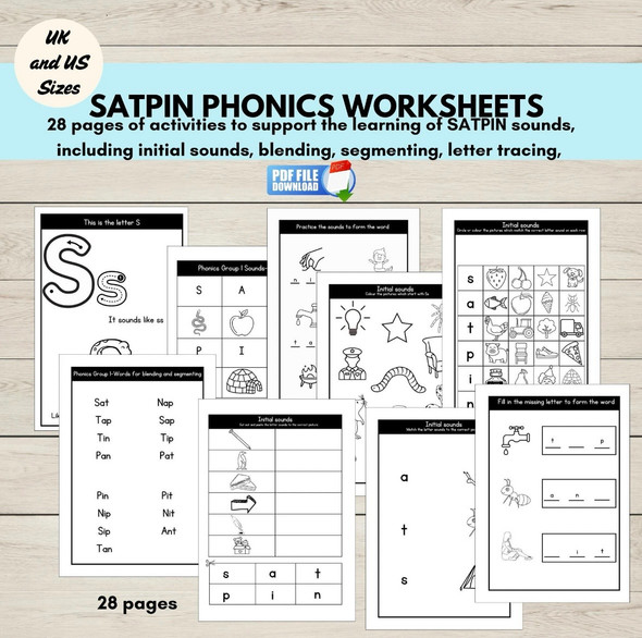 SATPIN Phonics Worksheets Group 1 | Beginning Sounds CVC Words Letter Tracing