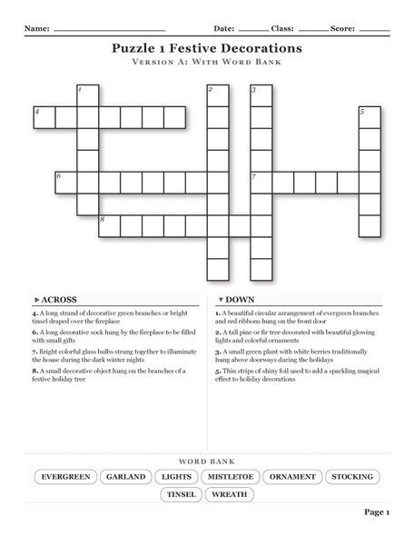 Christmas Traditions and Joy Crosswords with Word Bank