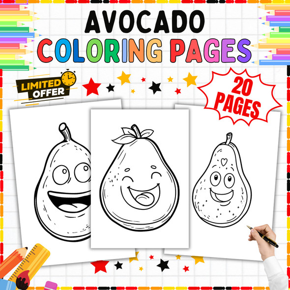 Avocado Coloring Pages for Kids Fun and Relaxing Coloring Activity Grades K-5th: 20 Printable Coloring Sheets PDF
