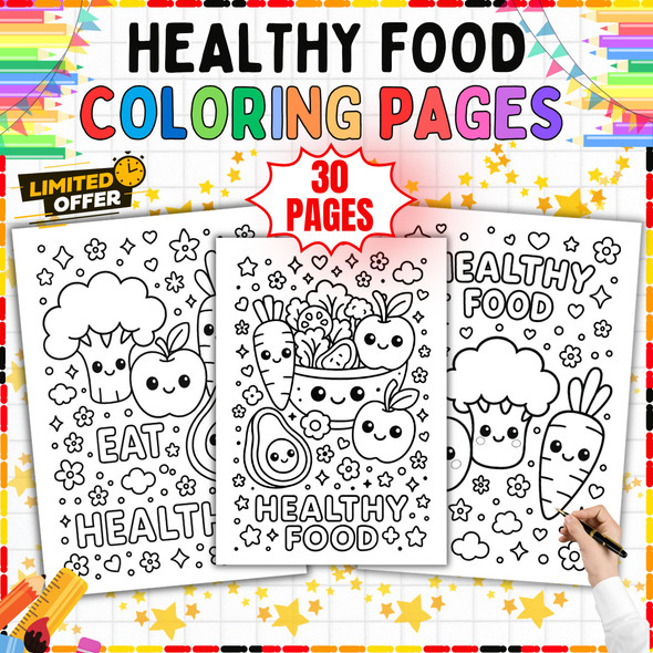 Healthy Food Coloring Pages PDF: 30-Page Fruit and Vegetable Activity