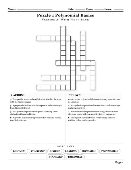 Algebra 1 Polynomials Operations and Factoring Crosswords with Word Bank