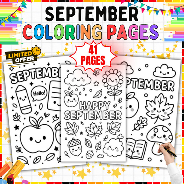 September Coloring Pages: 41-Page Fall and Back-to-School Activity