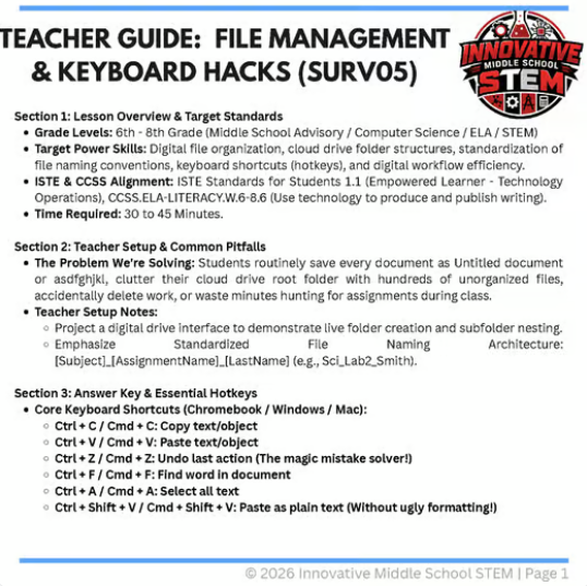 File Management & Keyboard Speed Hacks Guide (SURV05) | Middle School Digital Literacy & Tech Skills (Grades 6-8)