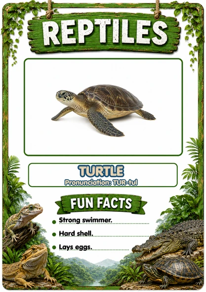 Reptiles Flashcards with Pronunciation | 20 Printable Reptile Cards