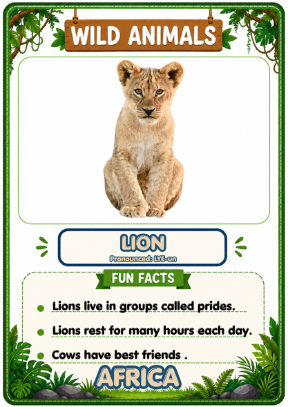 Wild Animals Flashcards | 20 African Printable Animal Cards with Fun Facts