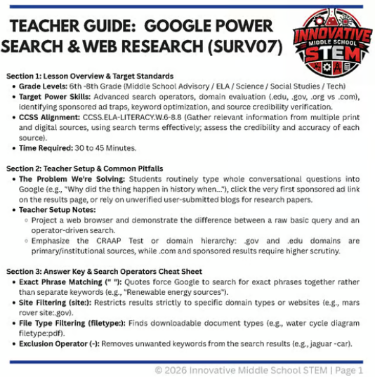 Google Power Search & Web Research Guide (SURV07) | Middle School Digital Literacy & Research Skills